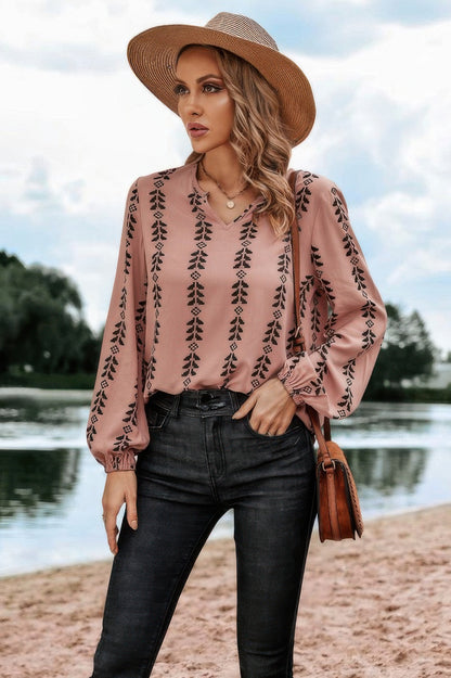 Graphic Print Strip Loose Fit V Neck Blouse - Tigbul's Variety Fashion Shop