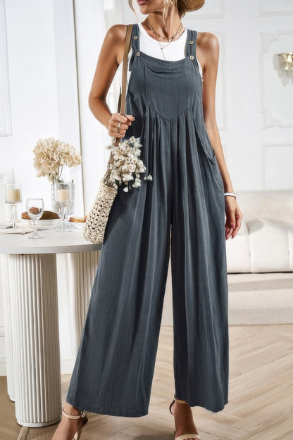 Solid Wide Leg Pocketed Shoulder Tie Overalls - Tigbul's Variety Fashion Shop