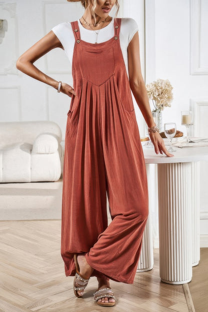 Solid Wide Leg Pocketed Shoulder Tie Overalls - Tigbul's Variety Fashion Shop
