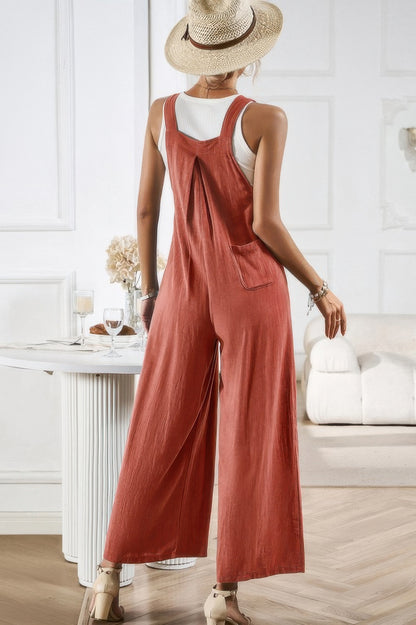 Solid Wide Leg Pocketed Shoulder Tie Overalls - Tigbul's Variety Fashion Shop