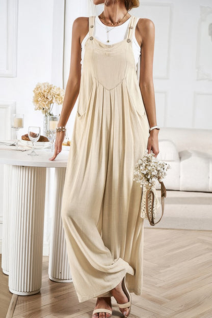 Solid Wide Leg Pocketed Shoulder Tie Overalls - Tigbul's Variety Fashion Shop
