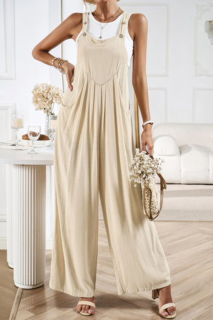 Solid Wide Leg Pocketed Shoulder Tie Overalls - Tigbul's Variety Fashion Shop