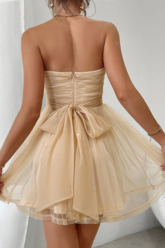 Off Shoulder Ruched Knot Zipper Pleated Short Dress - Tigbul's Variety Fashion Shop