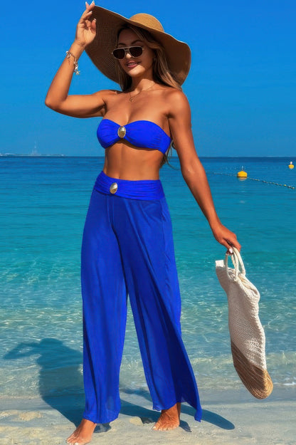Solid Color Metal Decor Beach Bikini Pants Set - Tigbul's Variety Fashion Shop