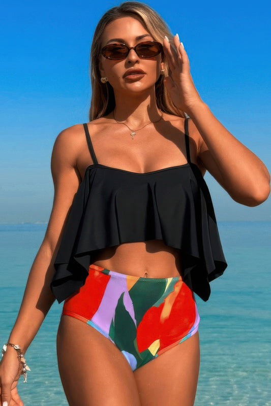 Ruffle Top High Waisted Bottom Tankini Swimsuit - Tigbul's Variety Fashion Shop