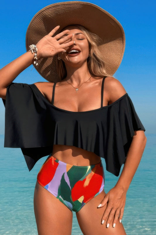 Ruffle Top High Waisted Bottom Tankini Swimsuit - Tigbul's Variety Fashion Shop