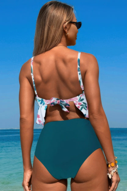 Ruffle Waist Tie Back Top High Waist Brief Tankini - Tigbul's Variety Fashion Shop