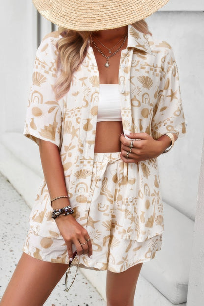 Allover Print Elastic Shorts Two Pieces Button Set - Tigbul's Variety Fashion Shop