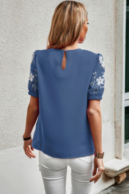 Floral Keyhole Neckline Puff Sleeve Blouse - Tigbul's Variety Fashion Shop