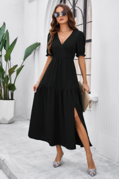 Solid V Neck Ruched High Waist Puff Sleeve Dress - Tigbul's Variety Fashion Shop