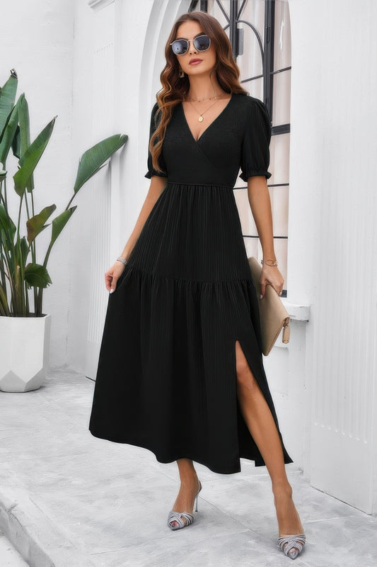 Solid V Neck Ruched High Waist Puff Sleeve Dress - Tigbul's Variety Fashion Shop