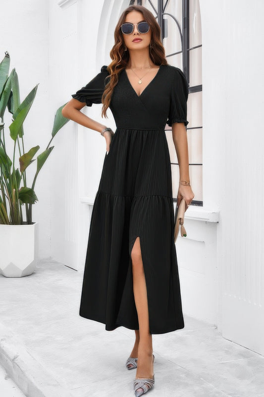 Solid V Neck Ruched High Waist Puff Sleeve Dress - Tigbul's Variety Fashion Shop
