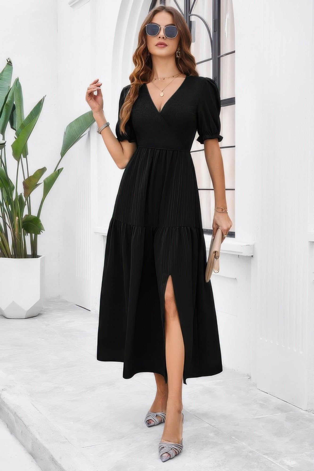 Solid V Neck Ruched High Waist Puff Sleeve Dress - Tigbul's Variety Fashion Shop