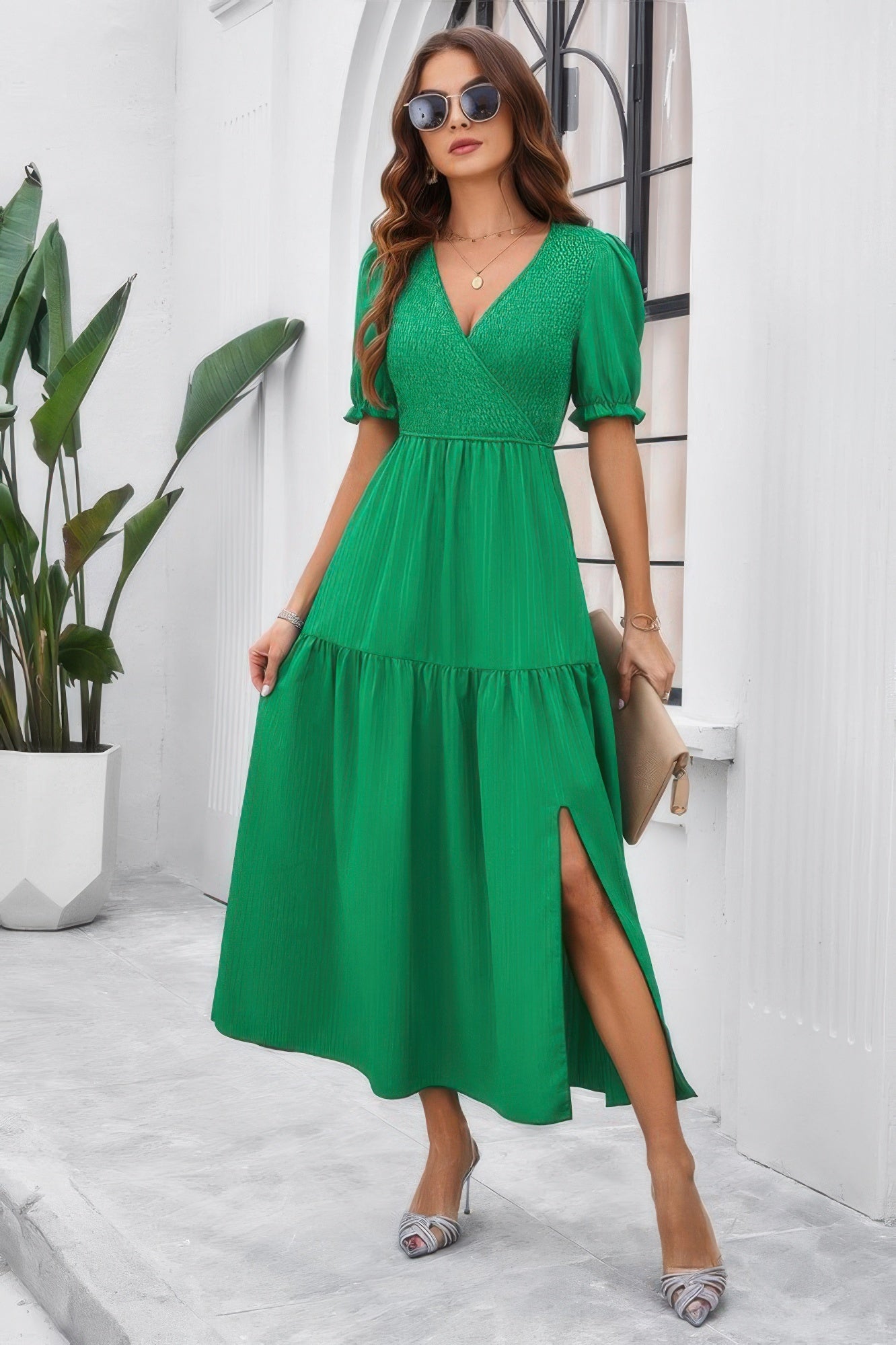Solid V Neck Ruched High Waist Puff Sleeve Dress - Tigbul's Variety Fashion Shop