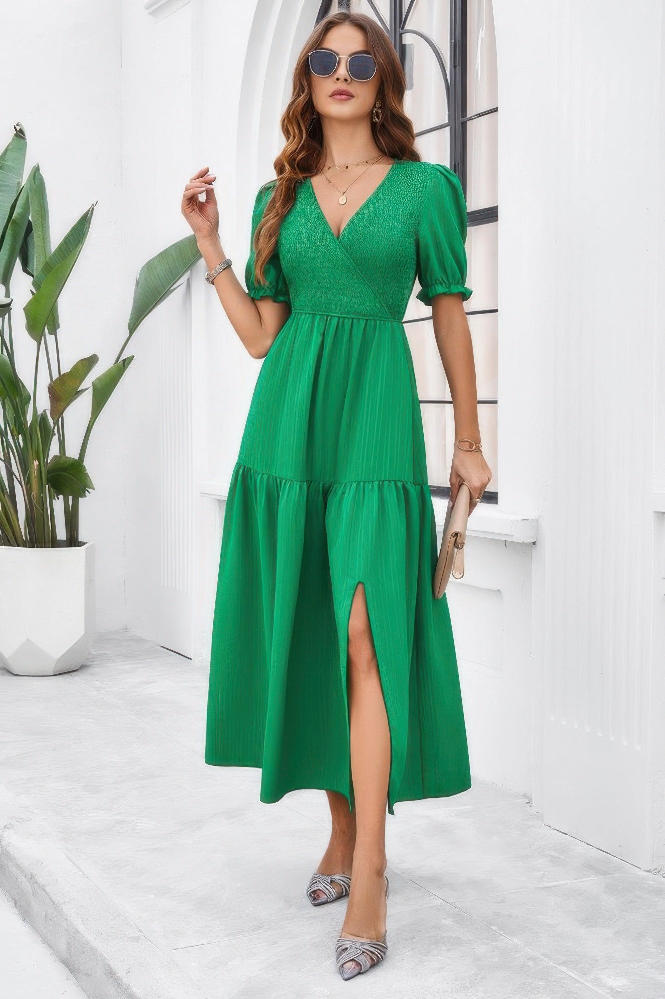Solid V Neck Ruched High Waist Puff Sleeve Dress - Tigbul's Variety Fashion Shop