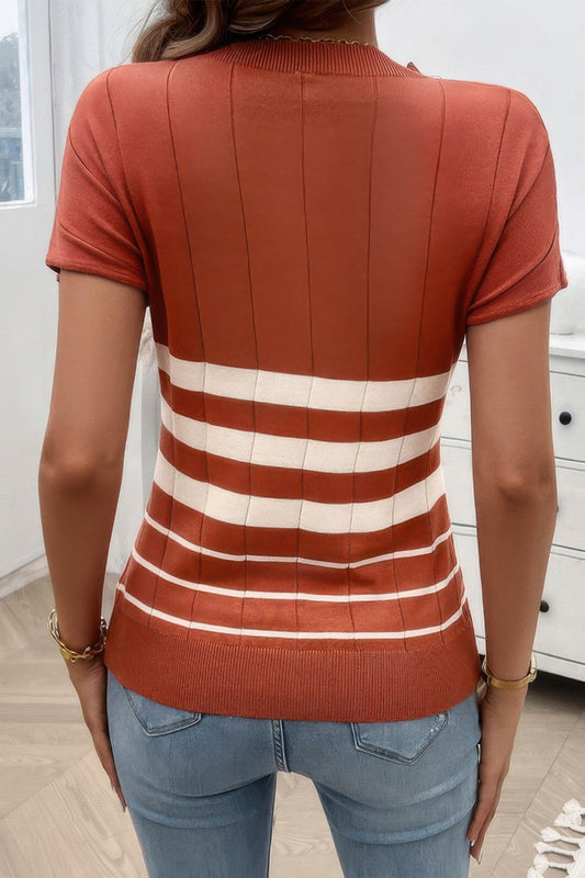 Round Neck Strip Knit Fit Short Sleeve Top - Tigbul's Variety Fashion Shop