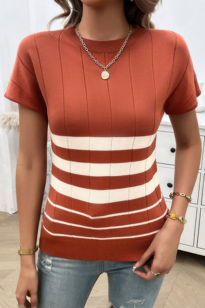 Round Neck Strip Knit Fit Short Sleeve Top - Tigbul's Variety Fashion Shop