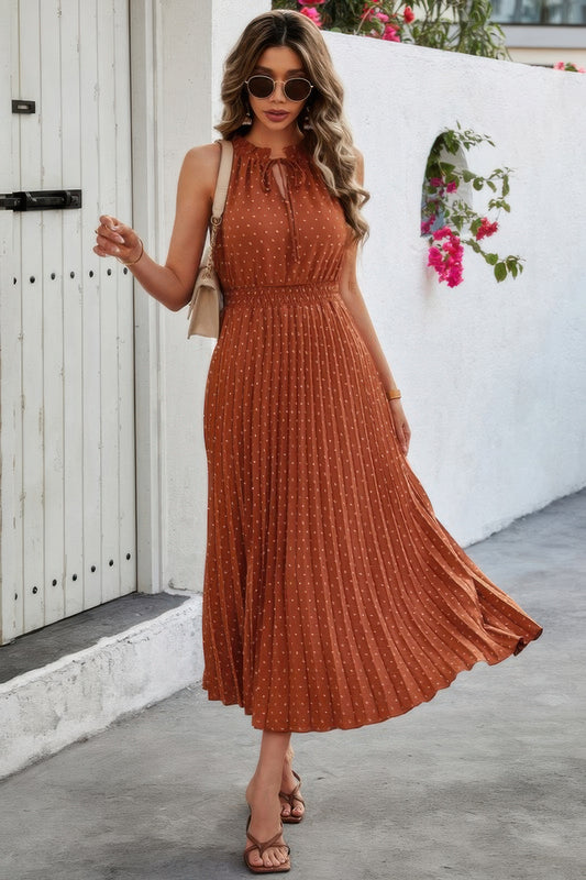 Sleeveless Dot Print Cross Fit Pleated Dress - Tigbul's Variety Fashion Shop
