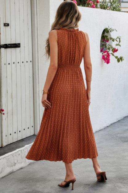Sleeveless Dot Print Cross Fit Pleated Dress - Tigbul's Variety Fashion Shop