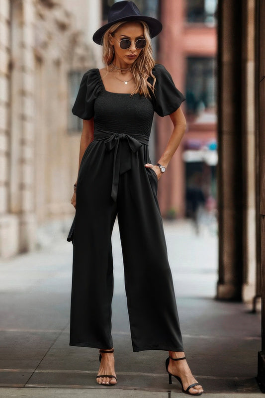 Solid Fit Square Neck Smocked Jumpsuit - Tigbul's Variety Fashion Shop