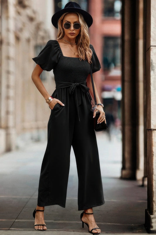 Solid Fit Square Neck Smocked Jumpsuit - Tigbul's Variety Fashion Shop