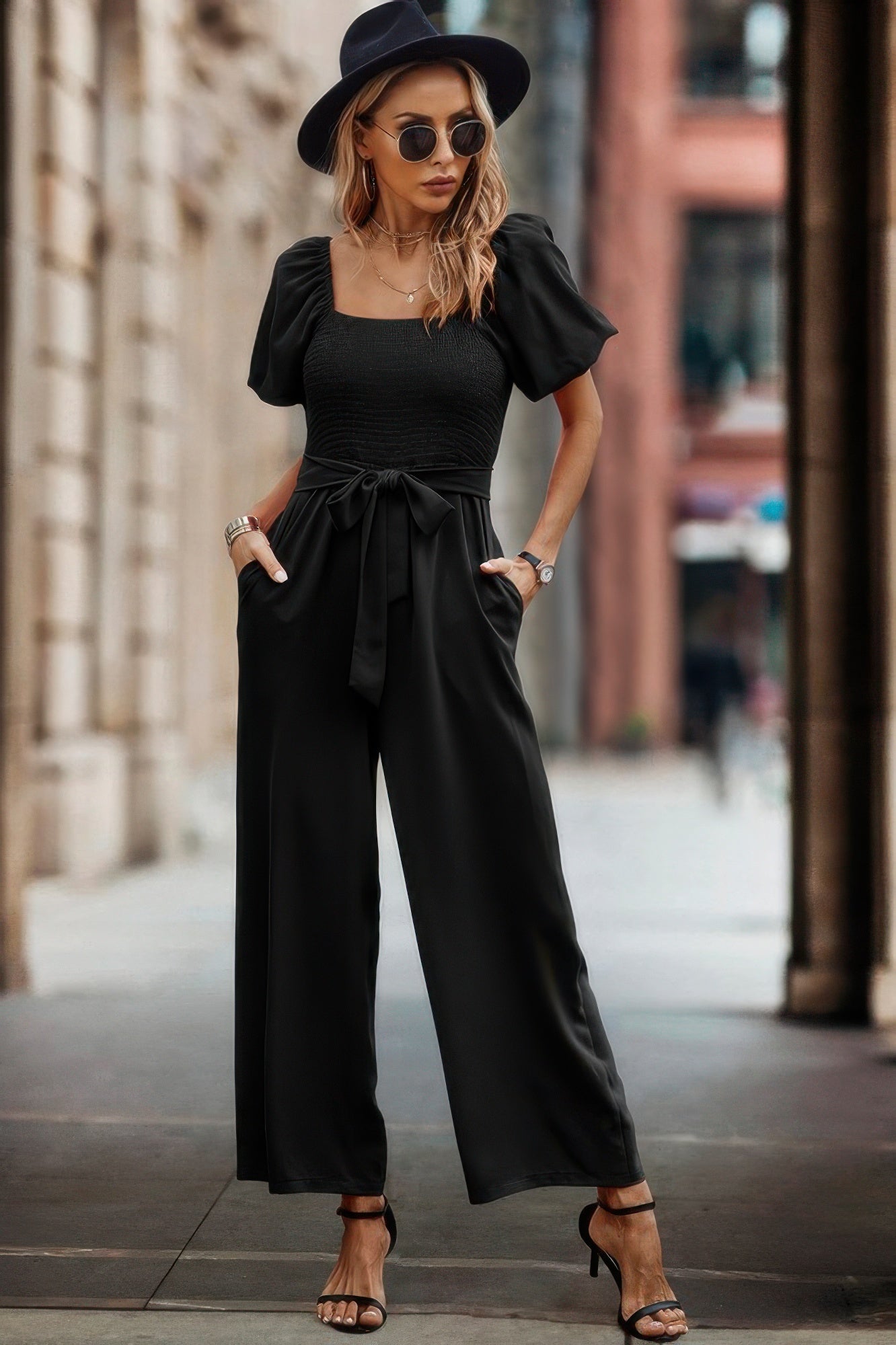 Solid Fit Square Neck Smocked Jumpsuit - Tigbul's Variety Fashion Shop
