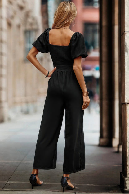 Solid Fit Square Neck Smocked Jumpsuit - Tigbul's Variety Fashion Shop