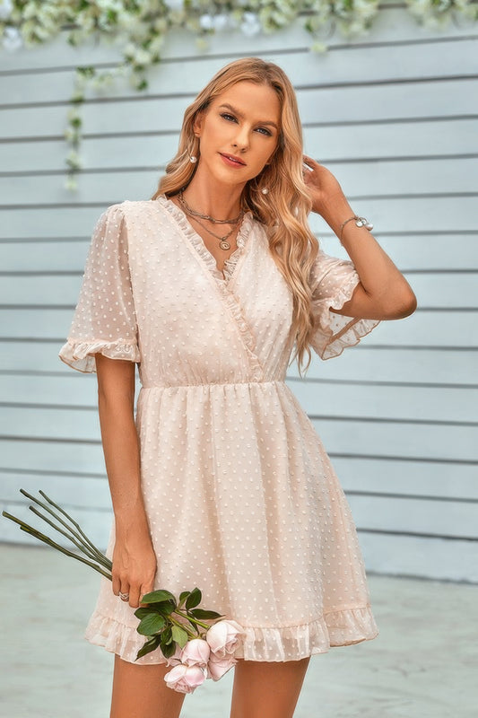 Swiss Dot Frill Trim Puff Sleeve Surplice Dress - Tigbul's Variety Fashion Shop