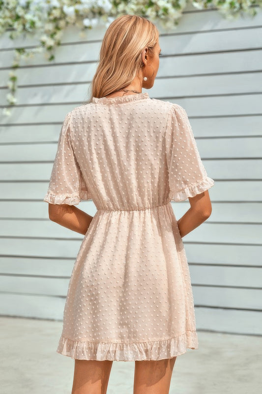 Swiss Dot Frill Trim Puff Sleeve Surplice Dress - Tigbul's Variety Fashion Shop