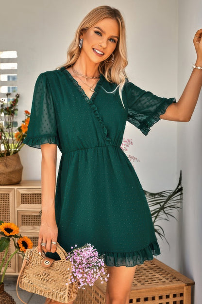 Swiss Dot Frill Trim Puff Sleeve Surplice Dress - Tigbul's Variety Fashion Shop