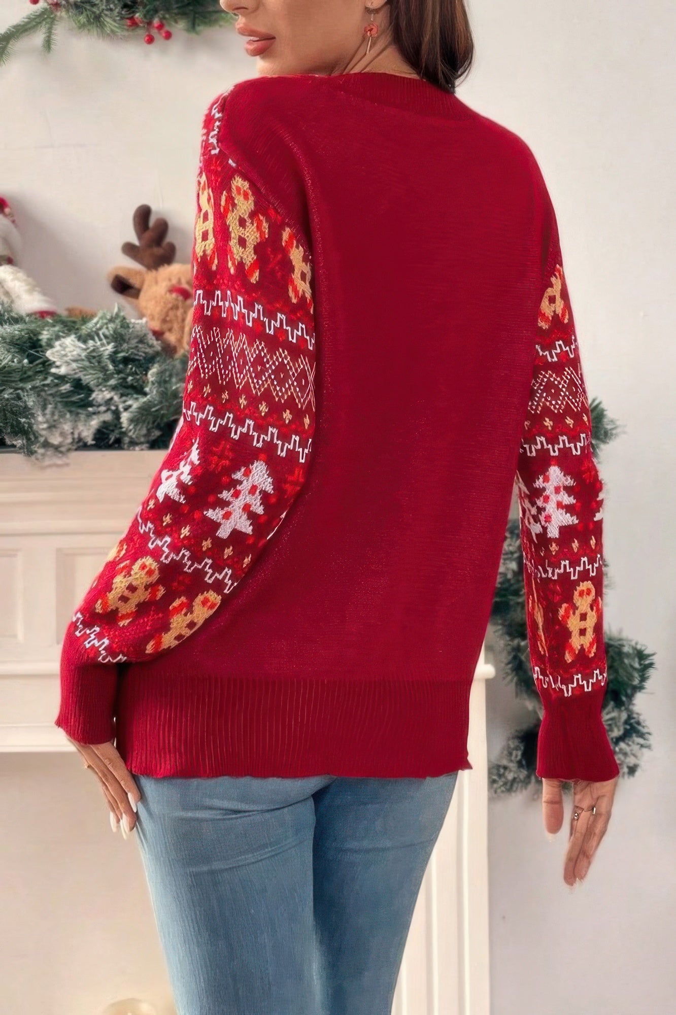 Knit Christmas Print Round Neck Loose Fit Sweater - Tigbul's Variety Fashion Shop