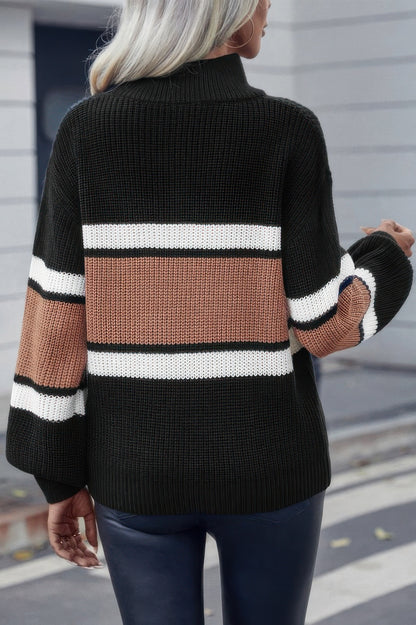 Half Zipper Strip Knit Loose Fit Sweater - Tigbul's Variety Fashion Shop