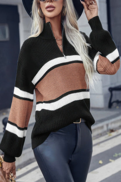Half Zipper Strip Knit Loose Fit Sweater - Tigbul's Variety Fashion Shop