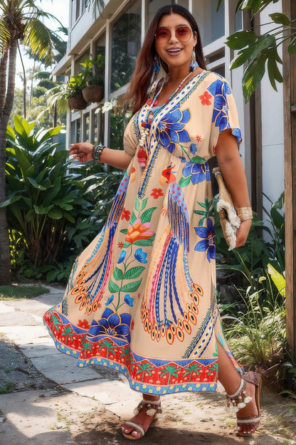 Plus Deep V Neck Allover Print High Waist Dress - Tigbul's Variety Fashion Shop