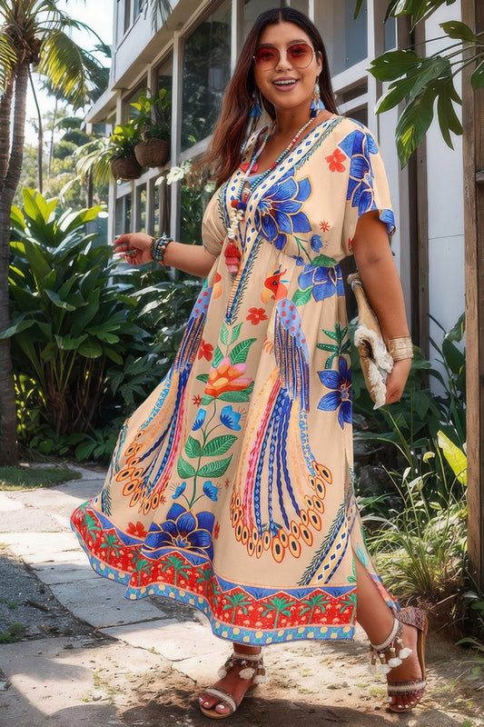 Plus Deep V Neck Allover Print High Waist Dress - Tigbul's Variety Fashion Shop