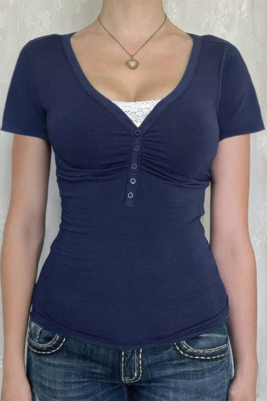 V Neck Solid Lace Splicing Button Fitted Shirt - Tigbul's Variety Fashion Shop