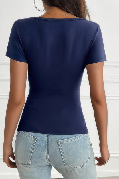 V Neck Solid Lace Splicing Button Fitted Shirt - Tigbul's Variety Fashion Shop