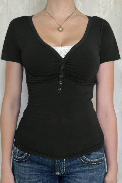 V Neck Solid Lace Splicing Button Fitted Shirt - Tigbul's Variety Fashion Shop