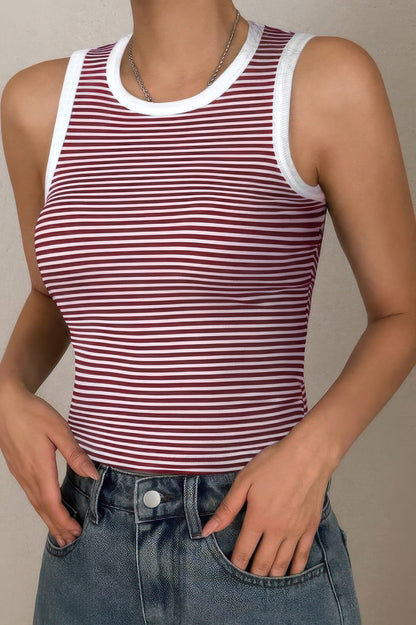 Striped Round Neck White Trim Crop Fitted Tank Top - Tigbul's Variety Fashion Shop