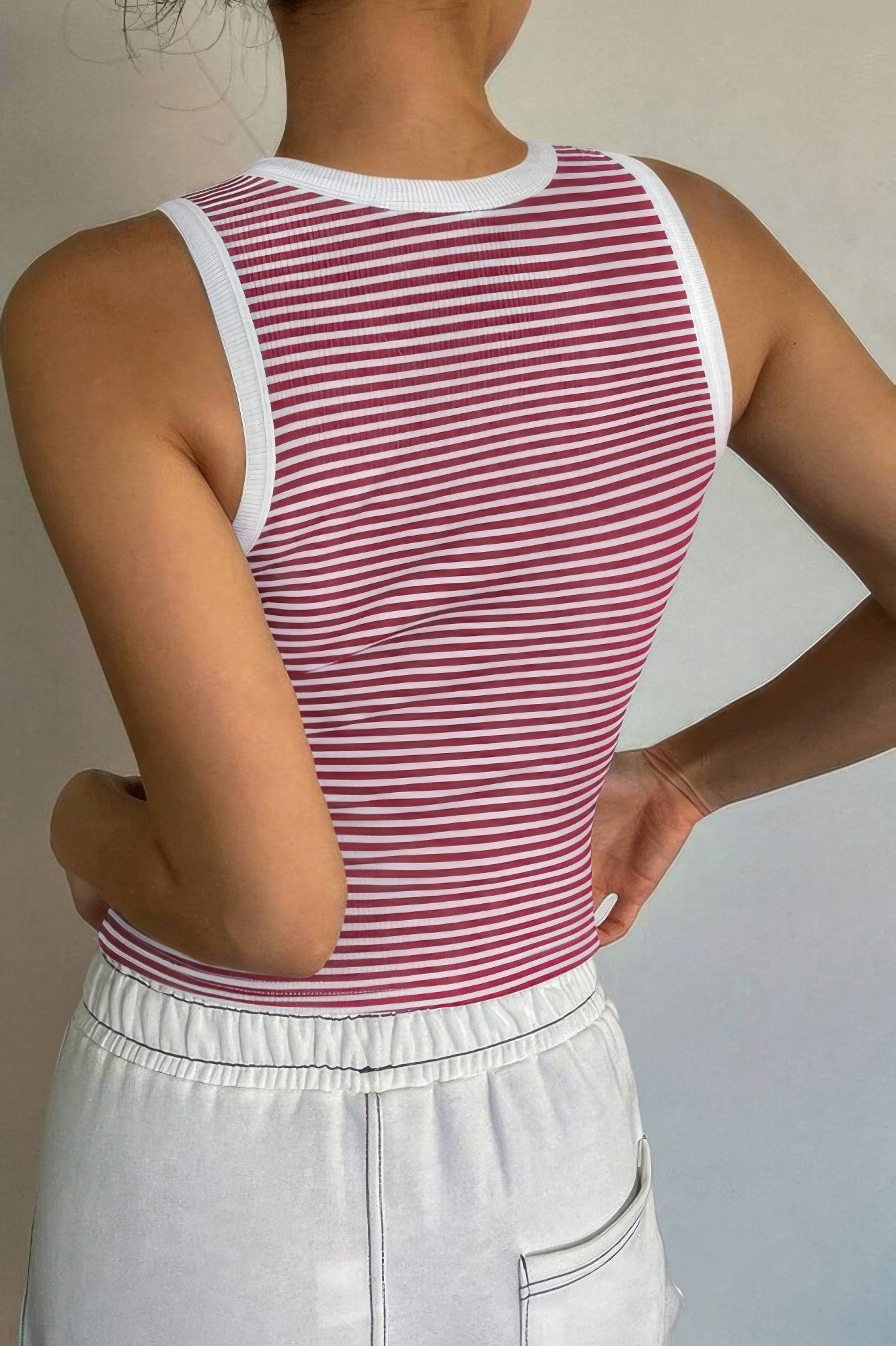 Striped Round Neck White Trim Crop Fitted Tank Top - Tigbul's Variety Fashion Shop