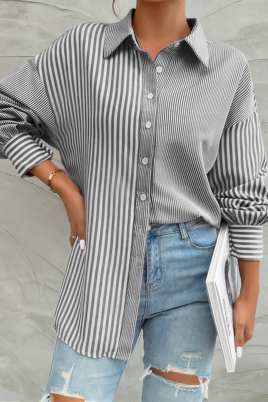 Stripe Print Button Down Long Sleeve Collar Shirt - Tigbul's Variety Fashion Shop