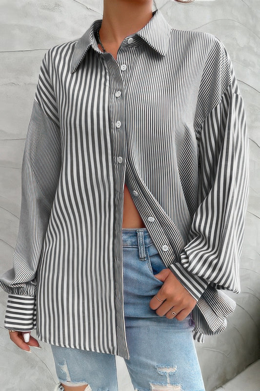 Stripe Print Button Down Long Sleeve Collar Shirt - Tigbul's Variety Fashion Shop