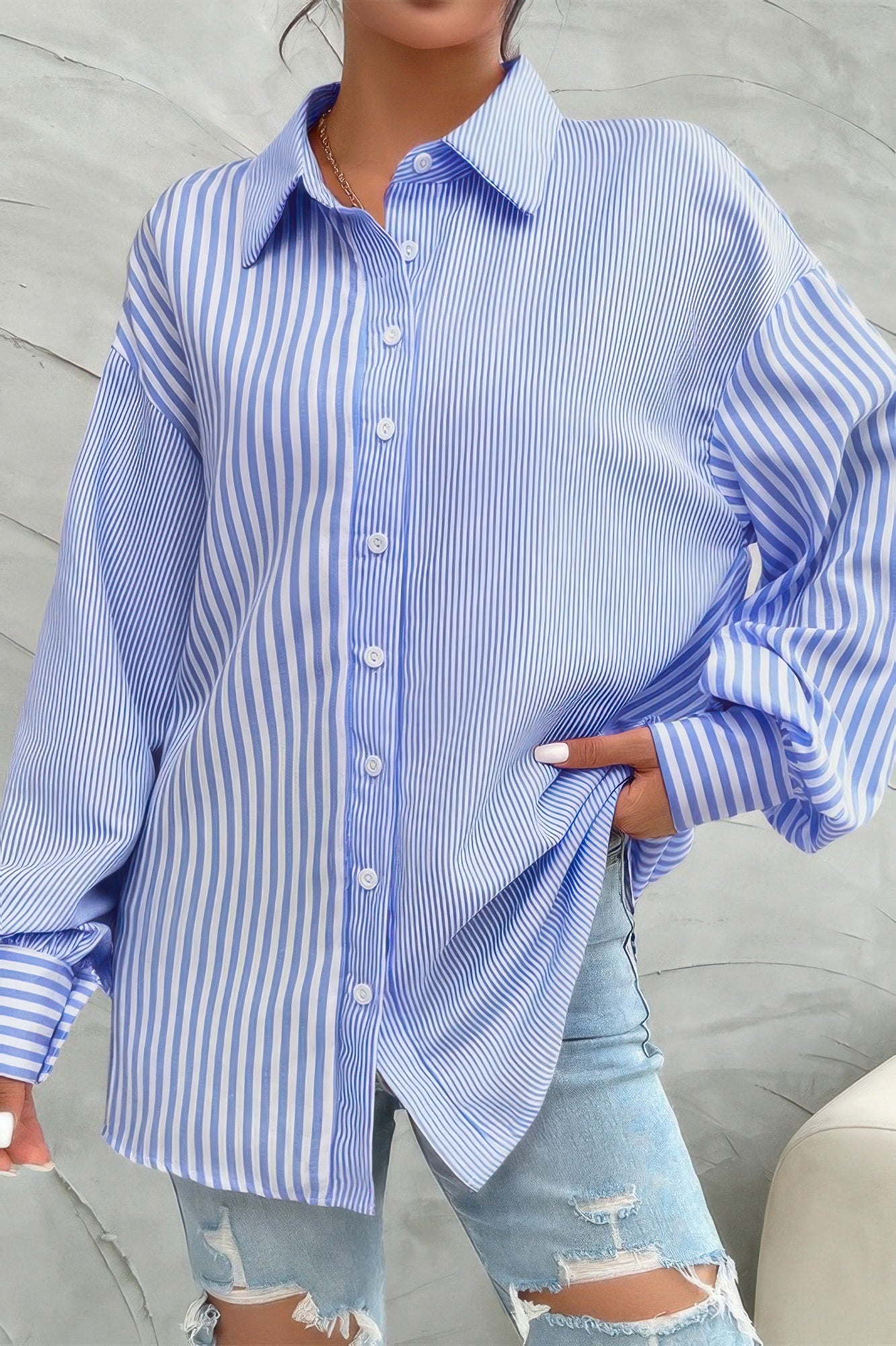 Stripe Print Button Down Long Sleeve Collar Shirt - Tigbul's Variety Fashion Shop