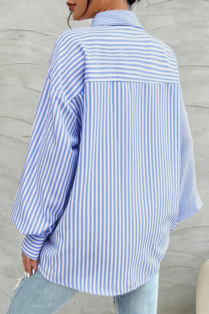 Stripe Print Button Down Long Sleeve Collar Shirt - Tigbul's Variety Fashion Shop
