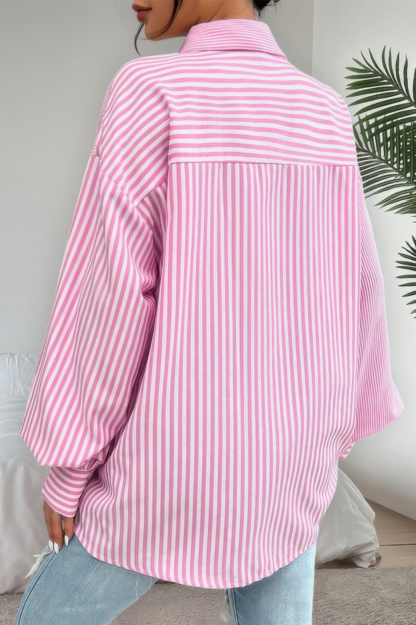 Stripe Print Button Down Long Sleeve Collar Shirt - Tigbul's Variety Fashion Shop