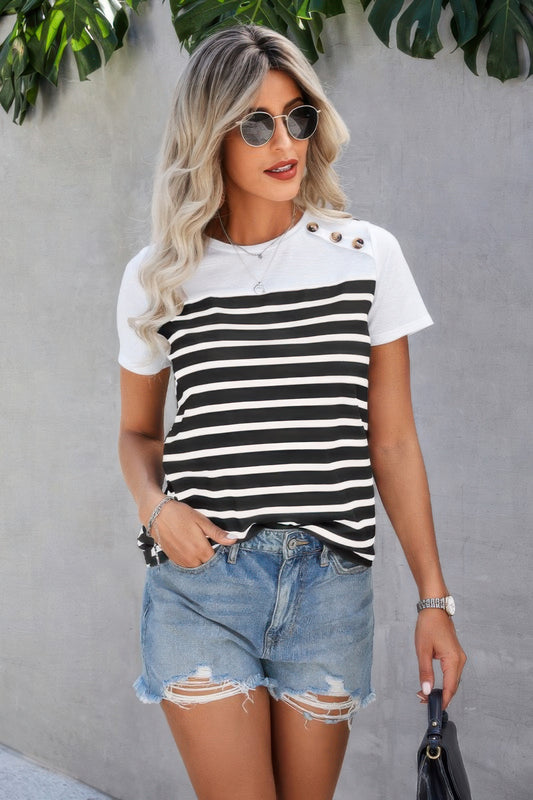 Strip Round Neck Loose Fit Button Tee - Tigbul's Variety Fashion Shop