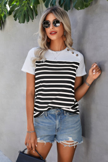 Strip Round Neck Loose Fit Button Tee - Tigbul's Variety Fashion Shop