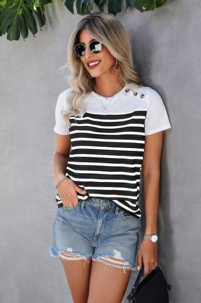 Strip Round Neck Loose Fit Button Tee - Tigbul's Variety Fashion Shop
