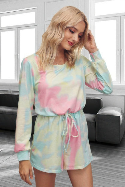 Tie Dye Round Neck Drawstring Romper - Tigbul's Variety Fashion Shop