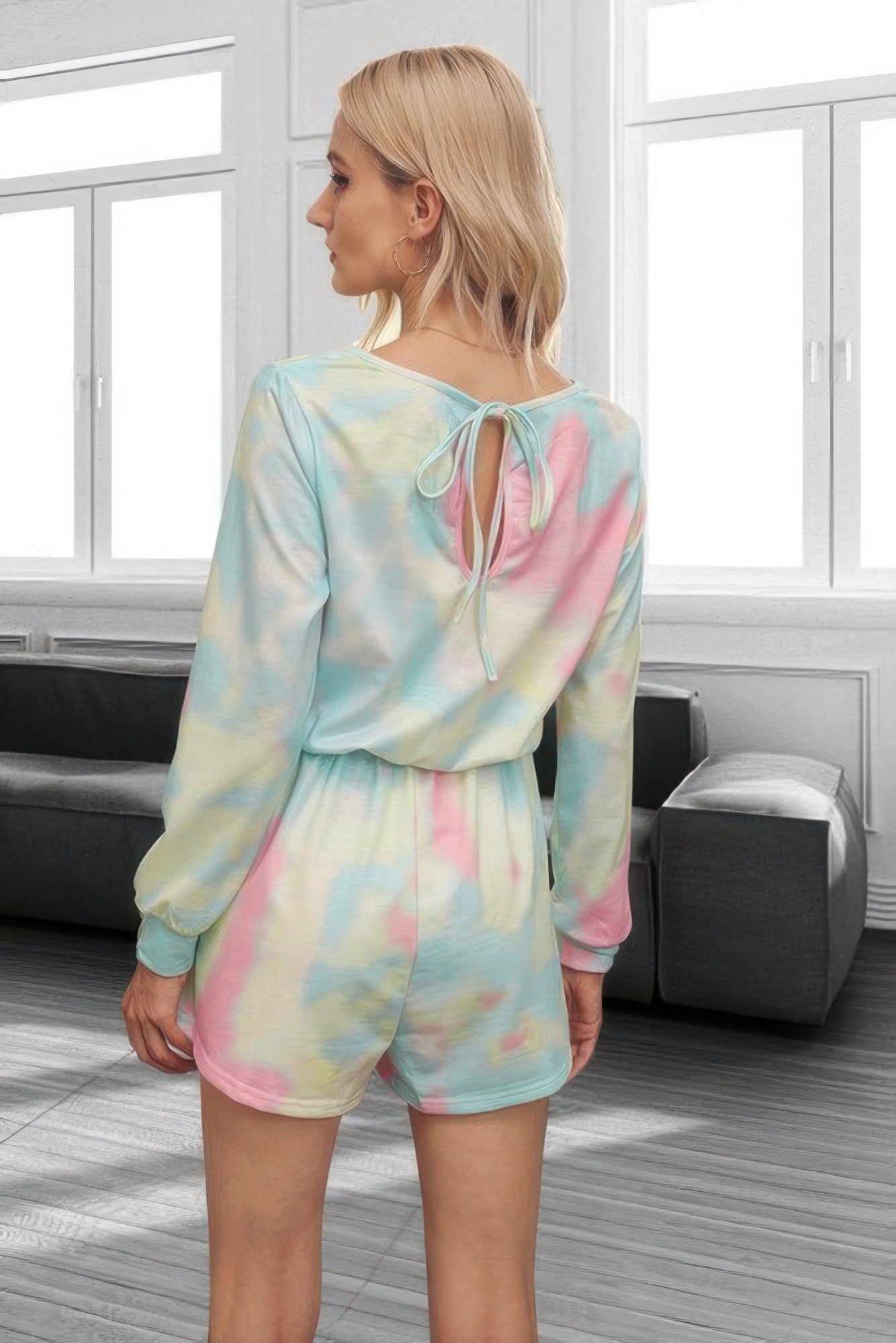Tie Dye Round Neck Drawstring Romper - Tigbul's Variety Fashion Shop